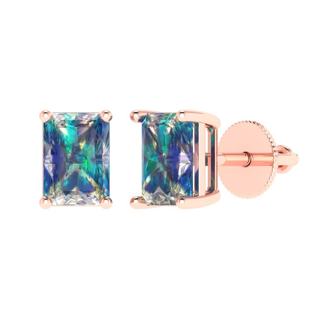 2 ctw Blue Moissanite Studs Earrings | 7x5mm Emerald Cut White Gold Screw back | April Birthstone
