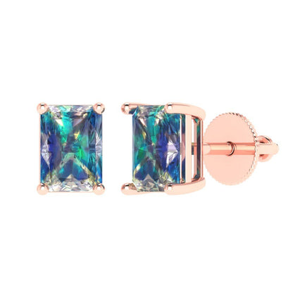 2 ctw Blue Moissanite Studs Earrings | 7x5mm Emerald Cut White Gold Screw back | April Birthstone