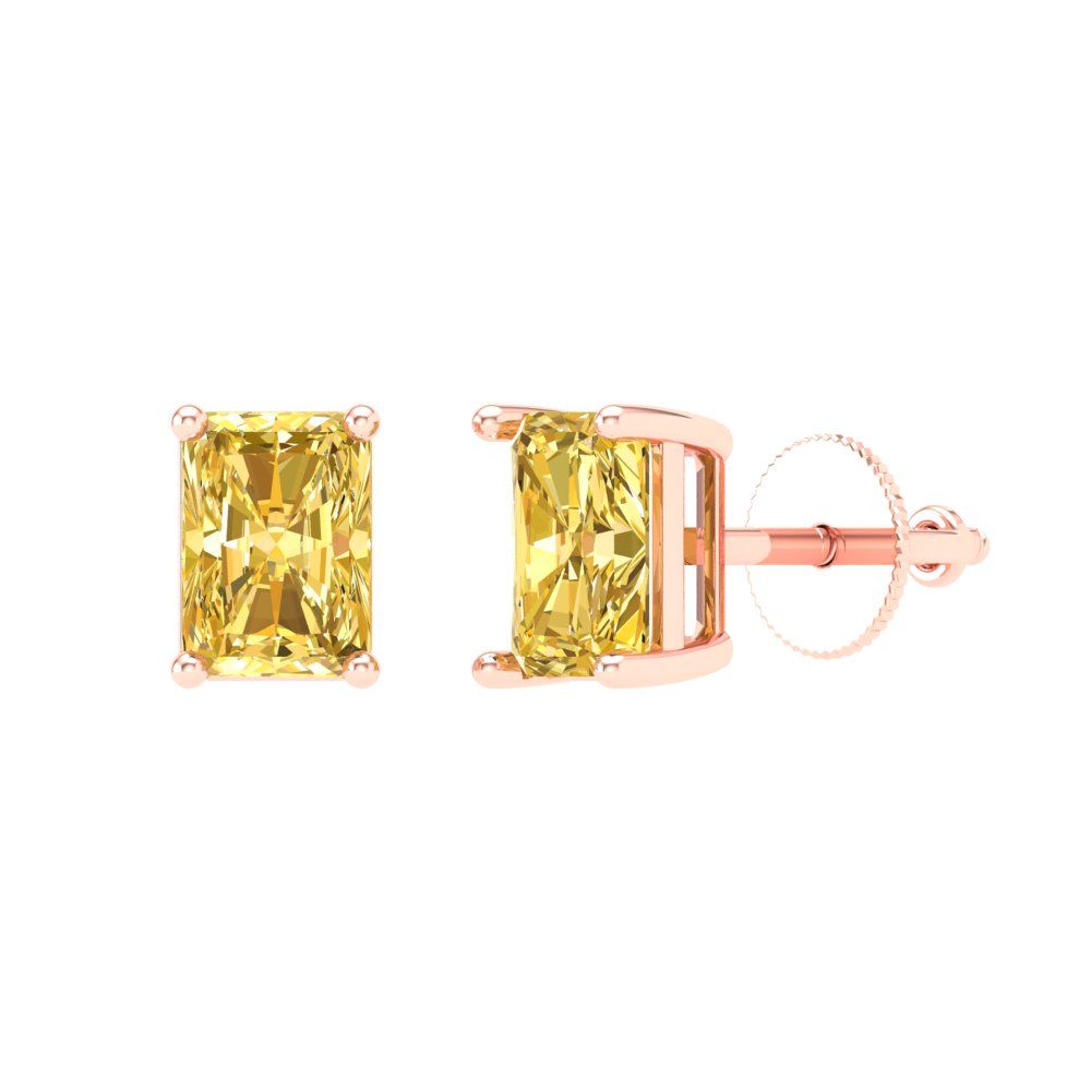 2 ctw Yellow Zirconia Studs Earrings | 7x5mm Emerald Cut White Gold Screw back | April Birthstone