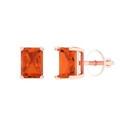 2 ctw Red Zirconia Studs Earrings | 7x5mm Emerald Cut White Gold Screw back | April Birthstone