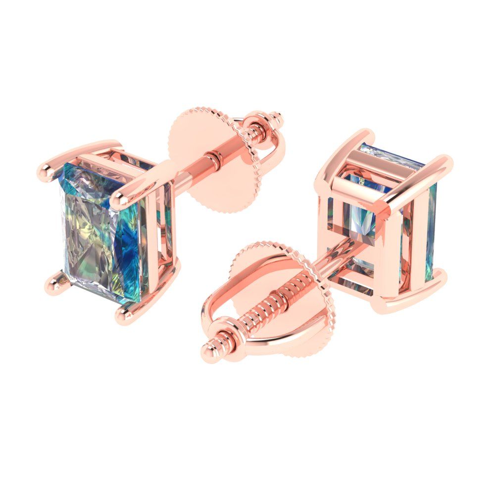 2 ctw Blue Moissanite Studs Earrings | 7x5mm Emerald Cut White Gold Screw back | April Birthstone