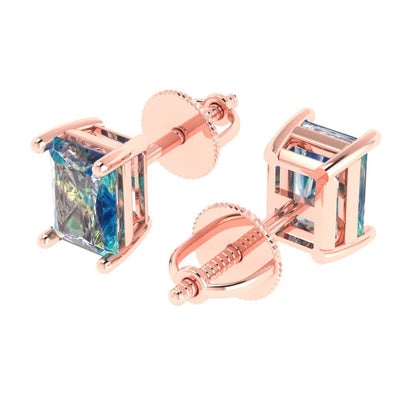 2 ctw Blue Moissanite Studs Earrings | 7x5mm Emerald Cut White Gold Screw back | April Birthstone