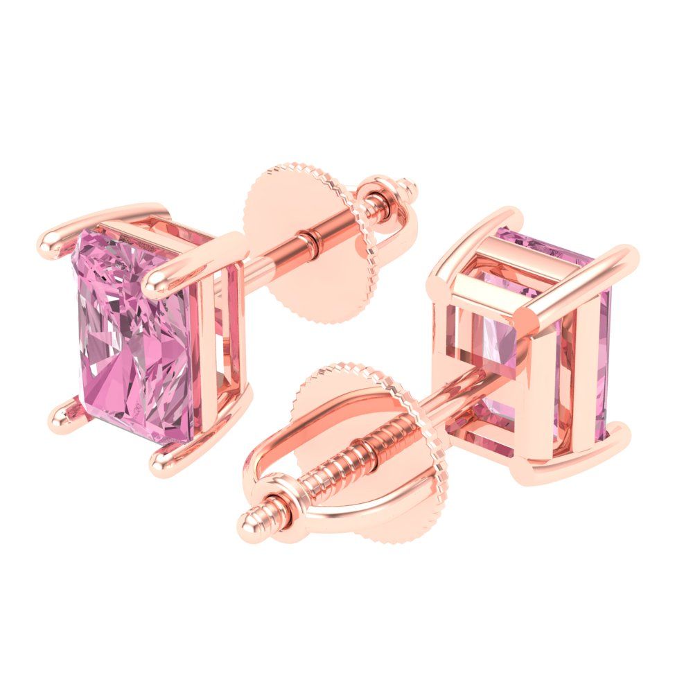 2 ctw Pink Zirconia Studs Earrings | 7x5mm Emerald Cut White Gold Screw back | April Birthstone