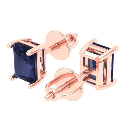 2 ctw Blue Sapphire Studs Earrings | 7x5mm Emerald Cut White Gold Screw back | September Birthstone