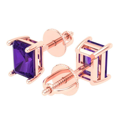 2 ctw Amethyst Studs Earrings | 7x5mm Emerald Cut White Gold Screw back | February Birthstone