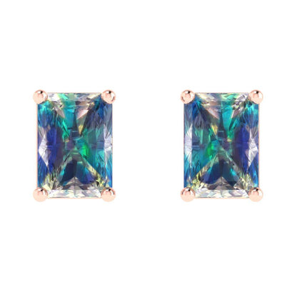 2 ctw Blue Moissanite Studs Earrings | 7x5mm Emerald Cut White Gold Screw back | April Birthstone