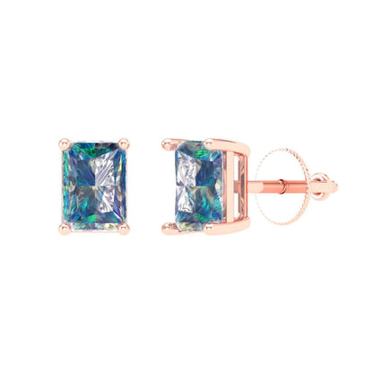 1 ctw Blue Moissanite Studs Earrings | 6x4mm Emerald Cut White Gold Screw back | April Birthstone