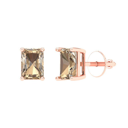 1 ctw Yellow Moissanite Studs Earrings | 6x4mm Emerald Cut White Gold Screw back | April Birthstone