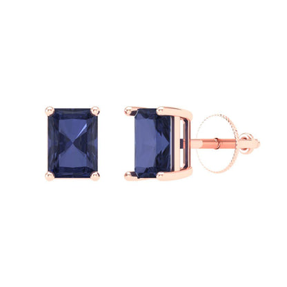 1 ctw Blue Sapphire Studs Earrings | 6x4mm Emerald Cut White Gold Screw back | September Birthstone
