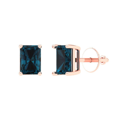 1 ctw London Blue Topaz Studs Earrings | 6x4mm Emerald Cut White Gold Screw back | December Birthstone