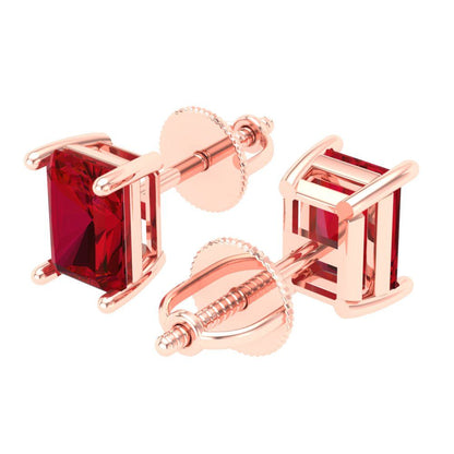1 ctw Ruby Studs Earrings | 6x4mm Emerald Cut White Gold Screw back | July Birthstone