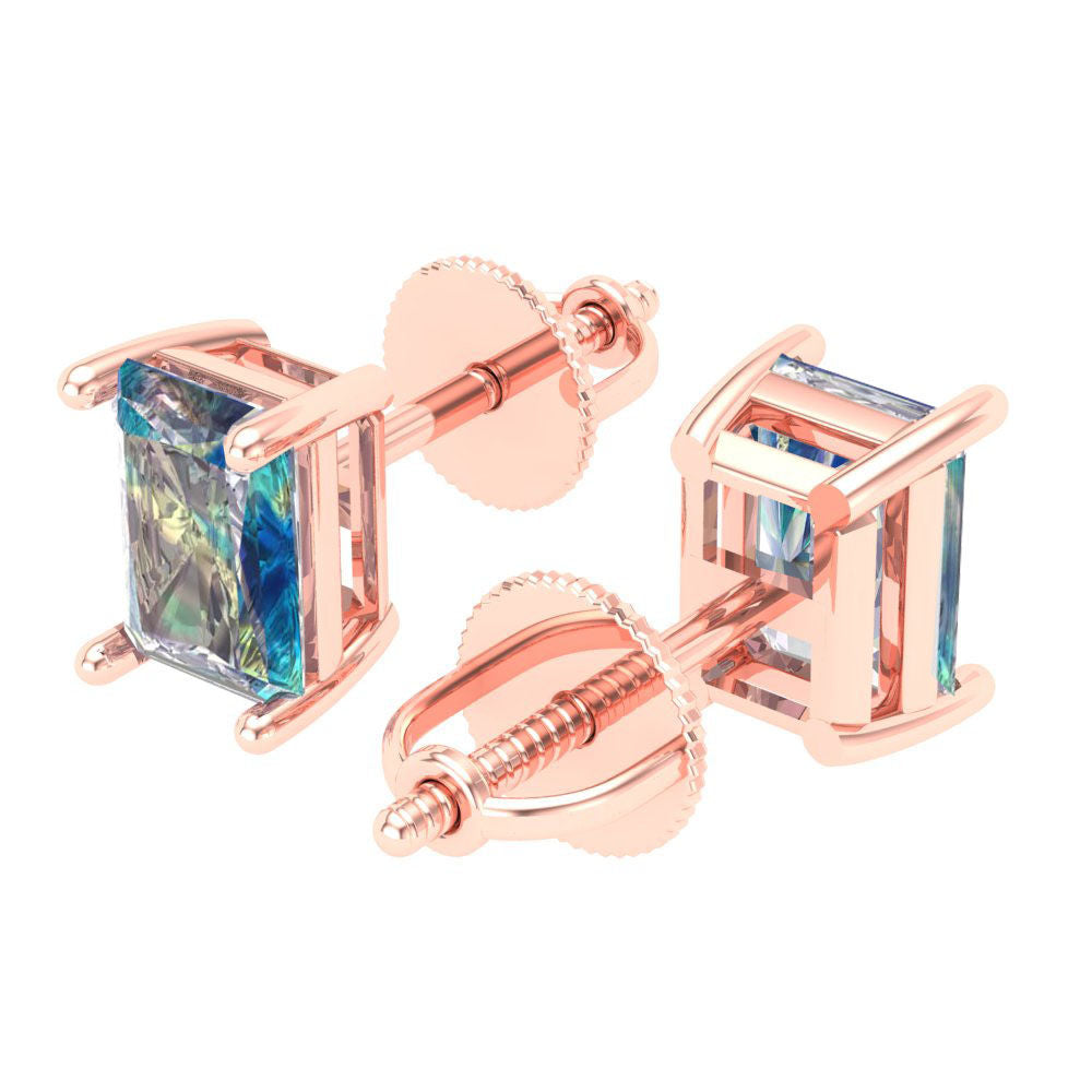 1 ctw Blue Moissanite Studs Earrings | 6x4mm Emerald Cut White Gold Screw back | April Birthstone