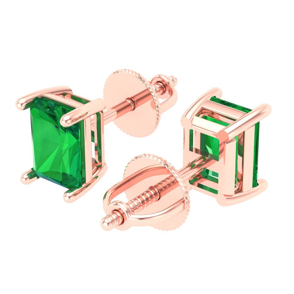 1 ctw Emerald Studs Earrings | 6x4mm Emerald Cut White Gold Screw back | May Birthstone