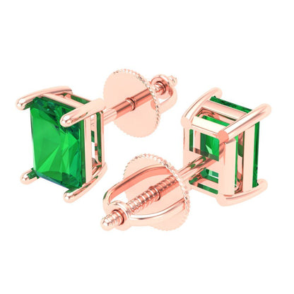 1 ctw Emerald Studs Earrings | 6x4mm Emerald Cut White Gold Screw back | May Birthstone