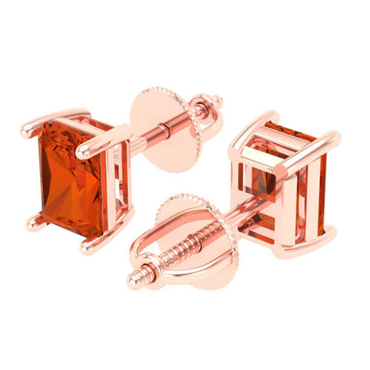 1 ctw Red Zirconia Studs Earrings | 6x4mm Emerald Cut White Gold Screw back | April Birthstone