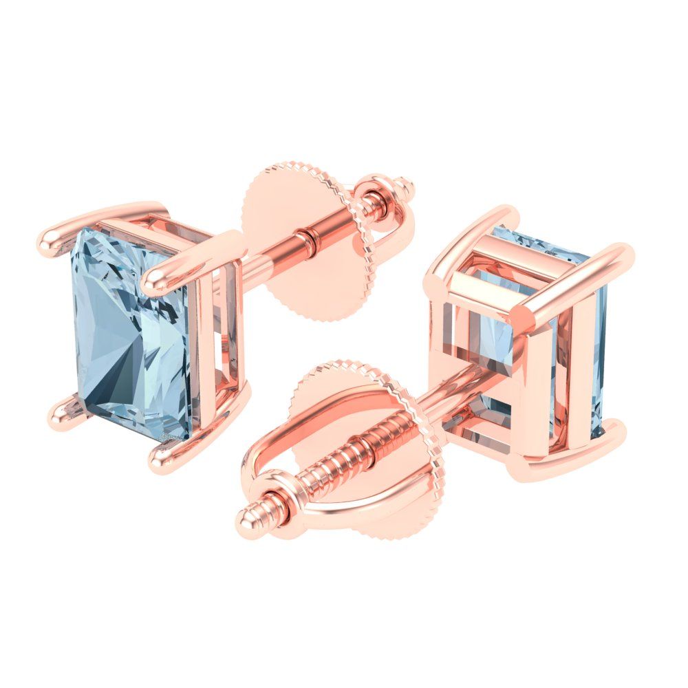 1 ctw Aquamarine Studs Earrings | 6x4mm Emerald Cut White Gold Screw back | March Birthstone