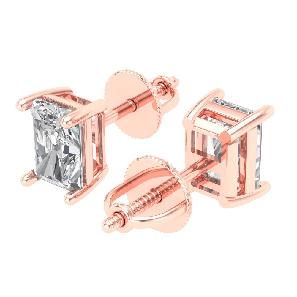 1 ctw Moissanite Studs Earrings | 6x4mm Emerald Cut White Gold Screw back | April Birthstone