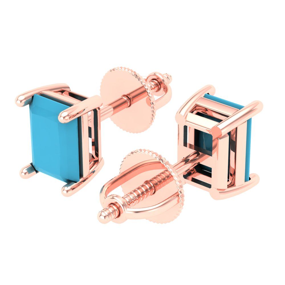 1 ctw Turquoise Studs Earrings | 6x4mm Emerald Cut White Gold Screw back | December Birthstone