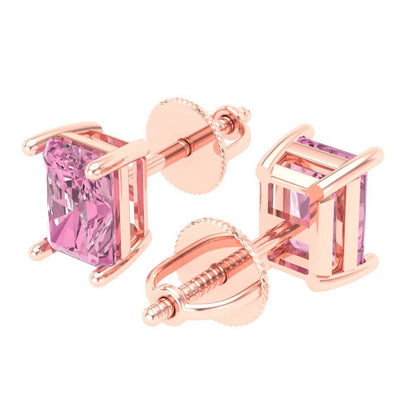 1 ctw Pink Zirconia Studs Earrings | 6x4mm Emerald Cut White Gold Screw back | April Birthstone