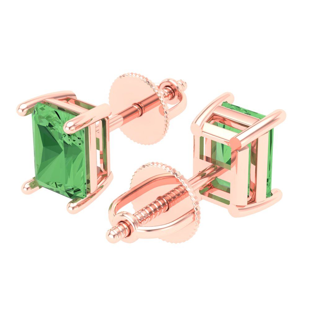 1 ctw Green Zirconia Studs Earrings | 6x4mm Emerald Cut White Gold Screw back | April Birthstone