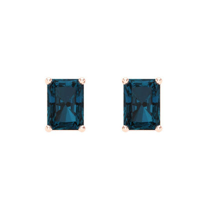 1 ctw London Blue Topaz Studs Earrings | 6x4mm Emerald Cut White Gold Screw back | December Birthstone