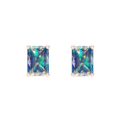 1 ctw Blue Moissanite Studs Earrings | 6x4mm Emerald Cut White Gold Screw back | April Birthstone