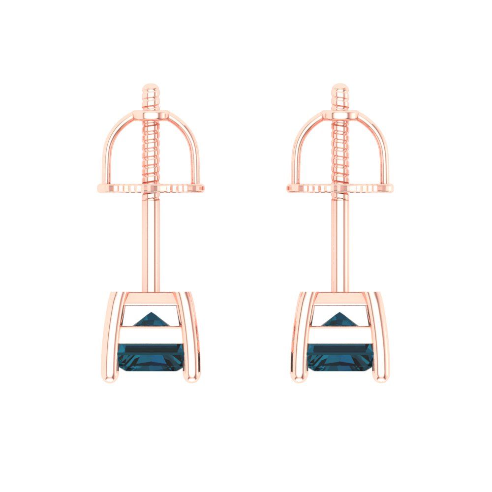 1 ctw London Blue Topaz Studs Earrings | 6x4mm Emerald Cut White Gold Screw back | December Birthstone