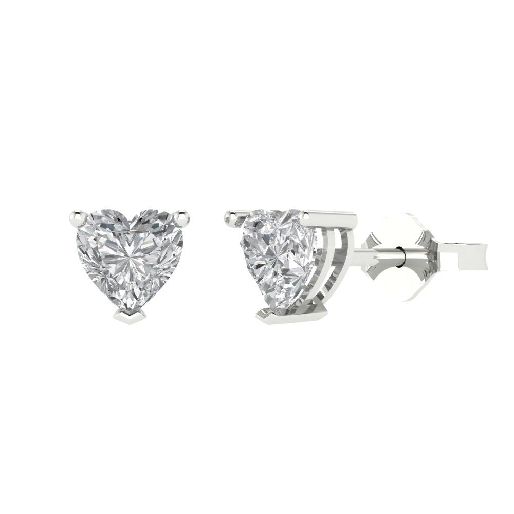 1 ctw White Sapphire Studs Earrings | 5mm Heart Cut White Gold Push back | April Birthstone