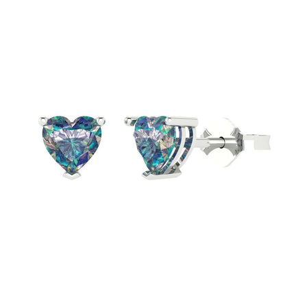 1 ctw Blue Moissanite Studs Earrings | 5mm Heart Cut White Gold Push back | April Birthstone