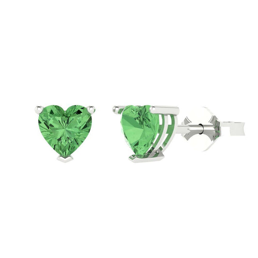 1.5 ctw Green Zirconia Studs Earrings | 6.0mm Heart Cut White Gold Push back | April Birthstone