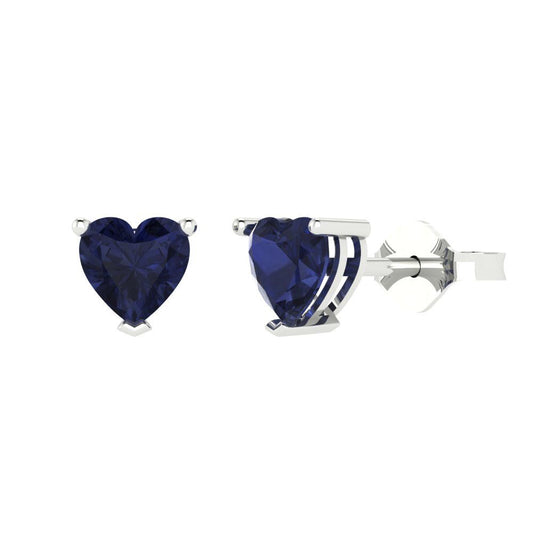 1.5 ctw Blue Sapphire Studs Earrings | 6.0mm Heart Cut White Gold Push back | September Birthstone