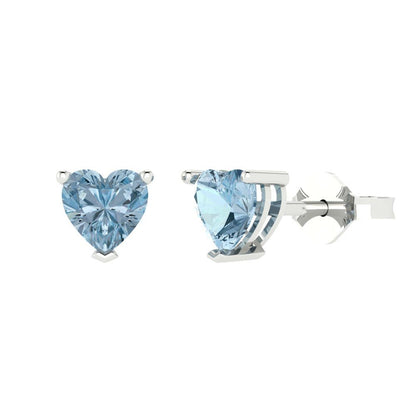 1.5 ctw Blue Zirconia Studs Earrings | 6.0mm Heart Cut White Gold Push back | April Birthstone