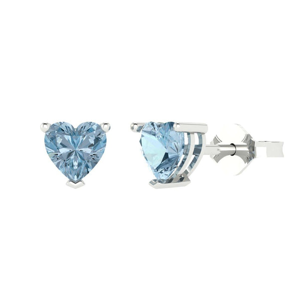 1.5 ctw Blue Zirconia Studs Earrings | 6.0mm Heart Cut White Gold Push back | April Birthstone
