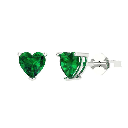 1.5 ctw Emerald Studs Earrings | 6.0mm Heart Cut White Gold Push back | May Birthstone