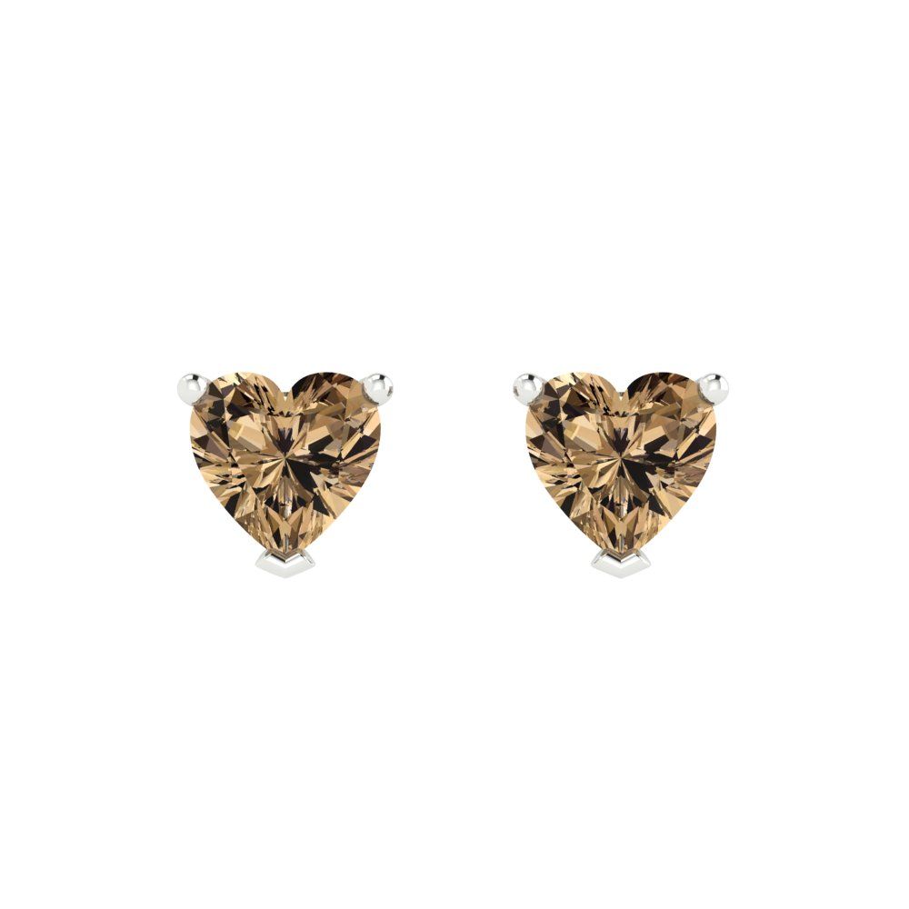 1.5 ctw Champagne Studs Earrings | 6.0mm Heart Cut White Gold Push back | April Birthstone