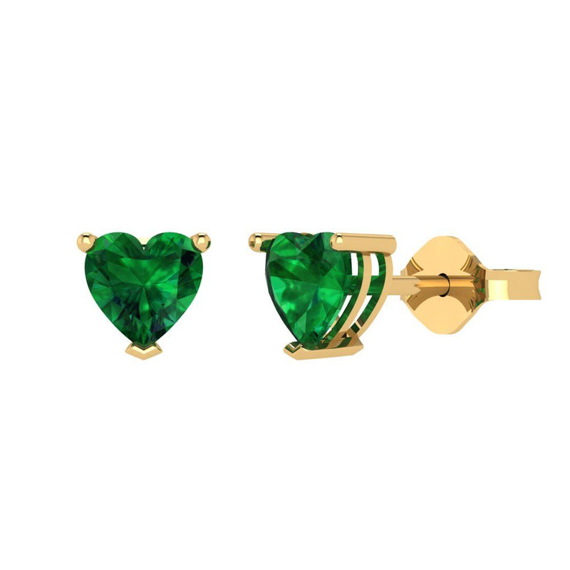 1.0 ct Brilliant Heart Cut Studs Simulated Emerald Stone Yellow Gold Earrings Push back