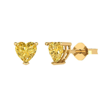 1 ctw Yellow Zirconia Studs Earrings | 5mm Heart Cut White Gold Push back | April Birthstone