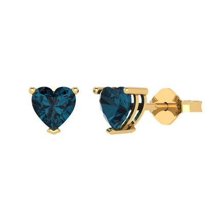 1 ctw London Blue Topaz Studs Earrings | 5mm Heart Cut White Gold Push back | December Birthstone