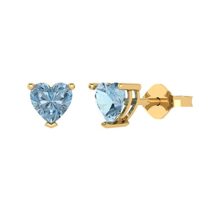 1 ctw Aquamarine Studs Earrings | 5mm Heart Cut White Gold Push back | March Birthstone