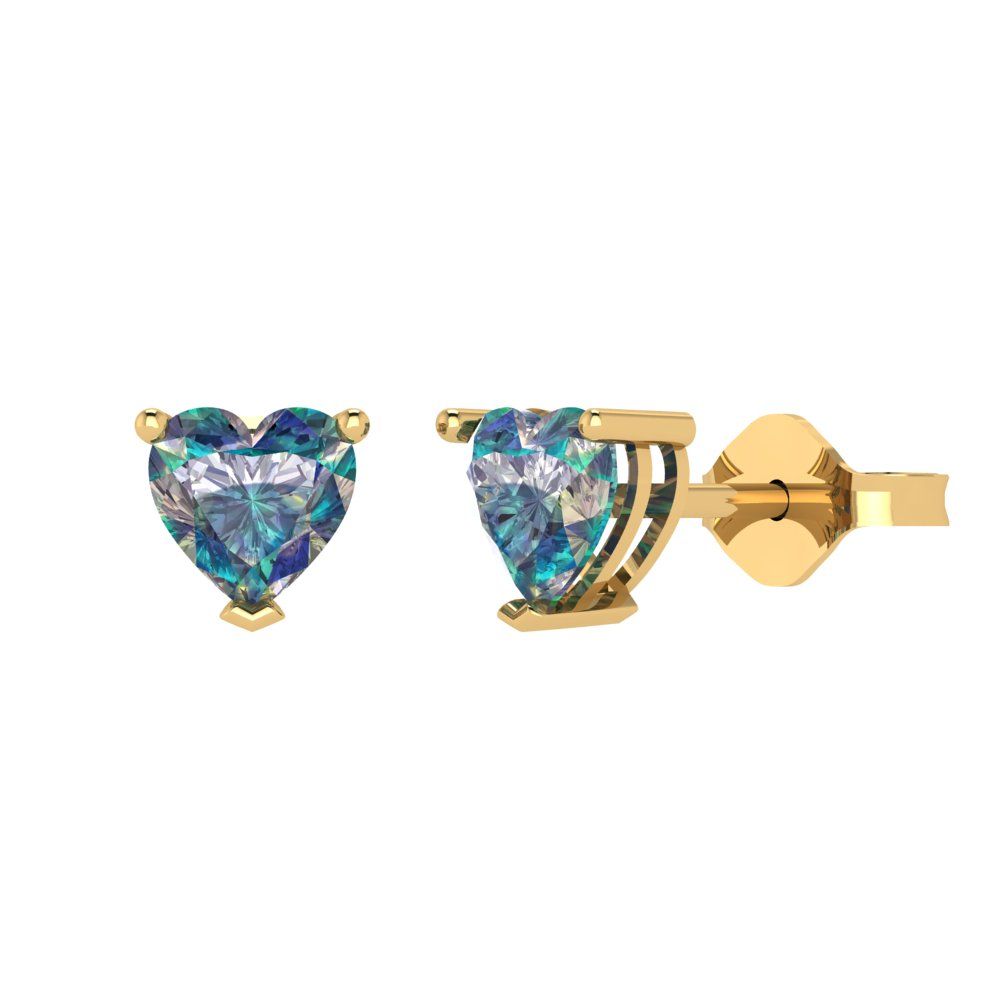 ctw Blue Moissanite Studs Earrings Heart Cut White Gold Push back April Birthstone 14K Yellow Gold