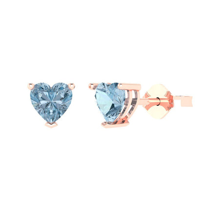 1 ctw Swiss Blue Topaz Studs Earrings | 5mm Heart Cut White Gold Push back | December Birthstone