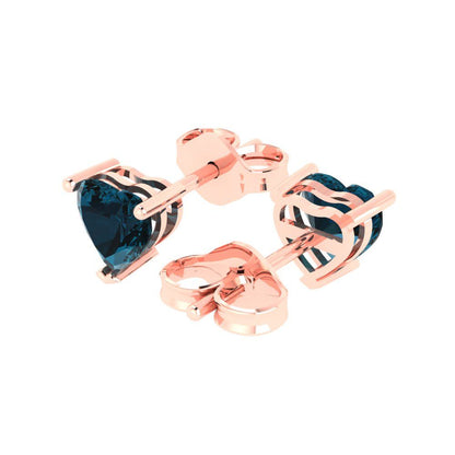 1 ctw London Blue Topaz Studs Earrings | 5mm Heart Cut White Gold Push back | December Birthstone