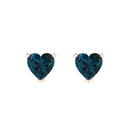 1 ctw London Blue Topaz Studs Earrings | 5mm Heart Cut White Gold Push back | December Birthstone