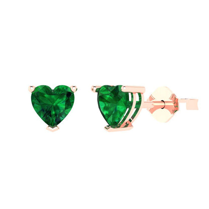 1.5 ctw Emerald Studs Earrings | 6.0mm Heart Cut White Gold Push back | May Birthstone