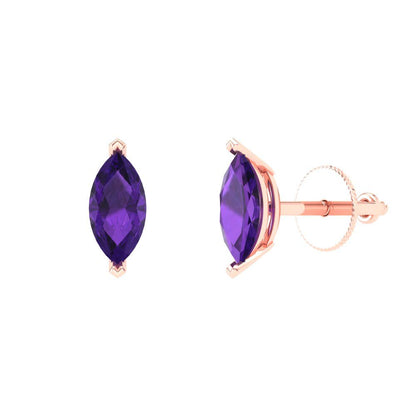 1cttw Marquise Cut Natural Amethyst Gold-Plated 925 Silver Push Back Stud Earrings