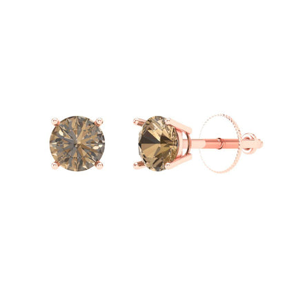 1 ctw Champagne Studs Earrings | 5.0mm Round Cut White Gold Push Back | April Birthstone
