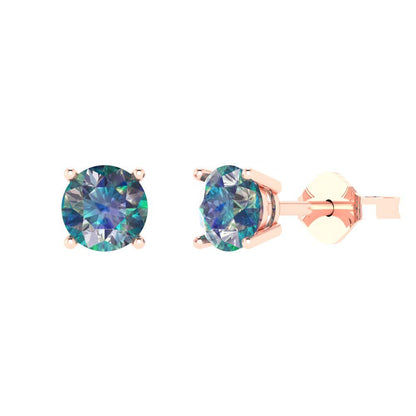 2 ctw Blue Moissanite Studs Earrings | 6.5mm Round Cut White Gold Push Back | April Birthstone