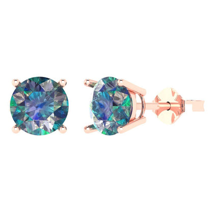 3 ctw Blue Moissanite Studs Earrings | 7.5mm Round Cut White Gold Push Back | April Birthstone