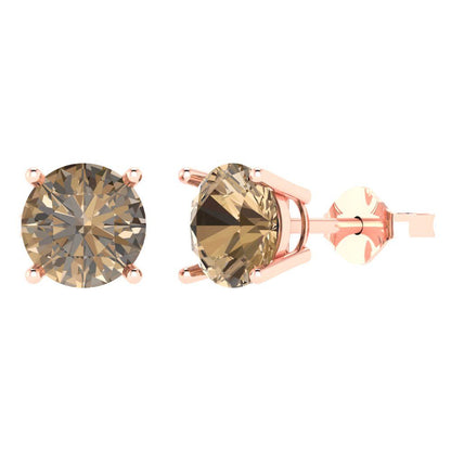 3 ctw Champagne Studs Earrings | 7.5mm Round Cut White Gold Push Back | April Birthstone