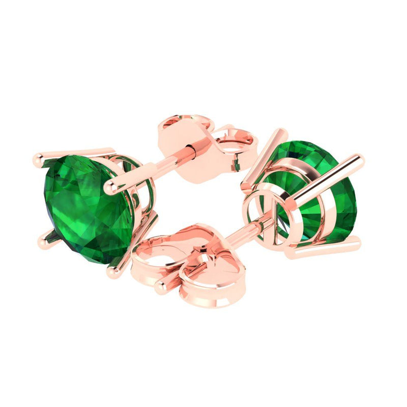 3.0 ct Brilliant Round Cut Solitaire Studs Simulated Emerald Stone Rose Gold Earrings Push back